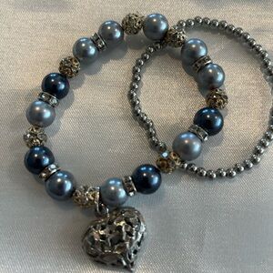 Handmade Blue & Silver Beaded Bracelet Set Heart Charm Stretch Stackable Jewelry